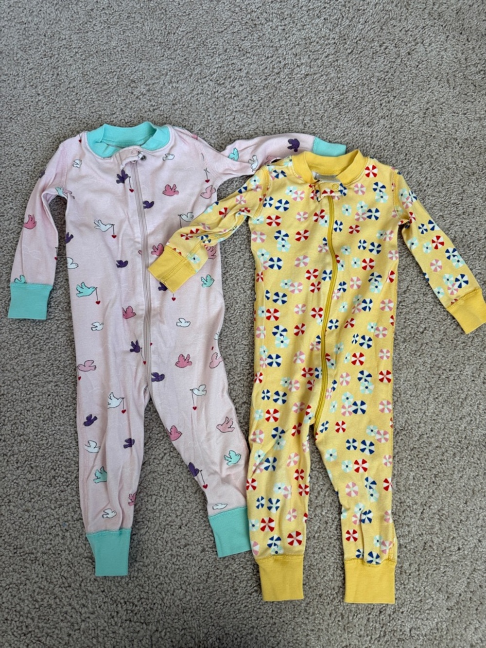 Hanna Andersson Yellow Pinwheel & Pink Bird Kids One-Piece Footies